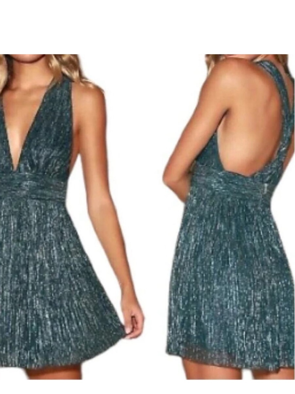 Lulus Ailey Teal Silver Metallic Twisted Back Skater Dress Size Large